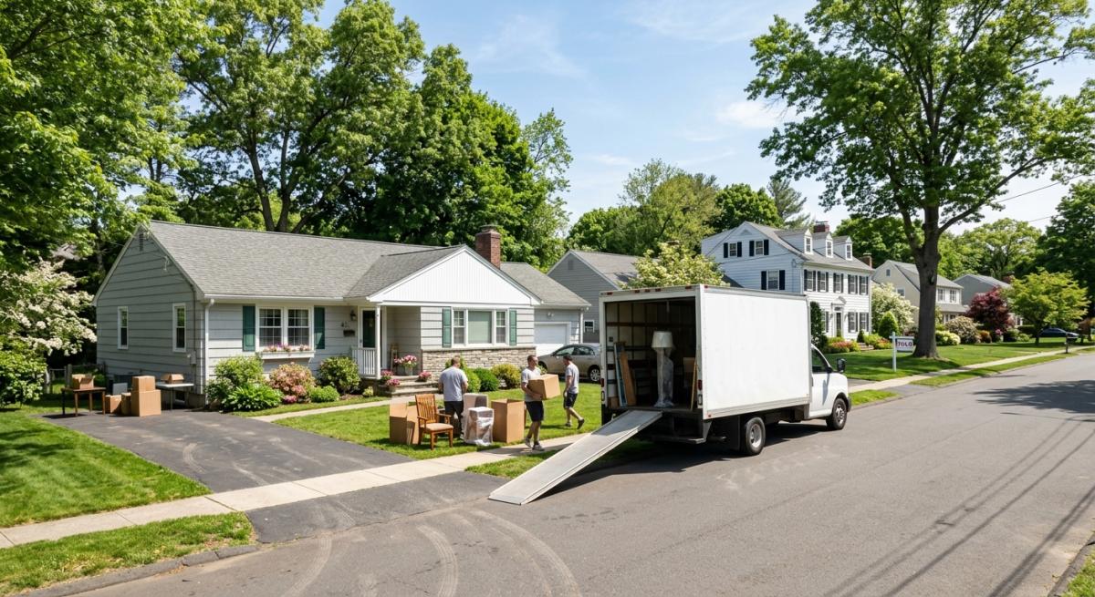 Moving truck at a small Connecticut ranch house with a larger home sold down the street