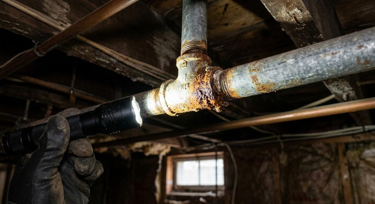 A close-up photorealistic shot of a plumber's flashlight illuminating a corroded galvanized steel water pipe joint in a