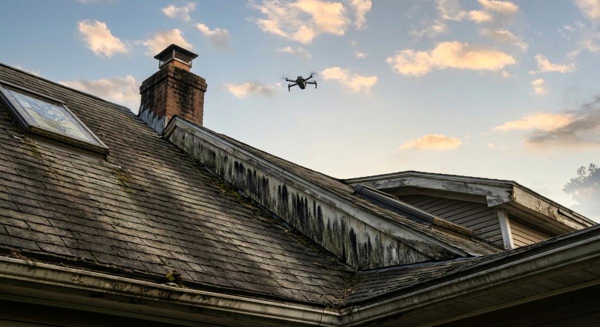 A photorealistic low-angle shot looking up at a Connecticut asphalt shingle roof with visible discoloration and streakin