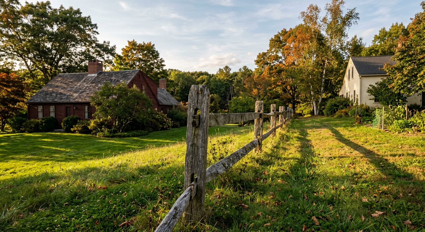 A photorealistic shot of a weathered wooden fence running at a slight angle across a grassy property line between two ol