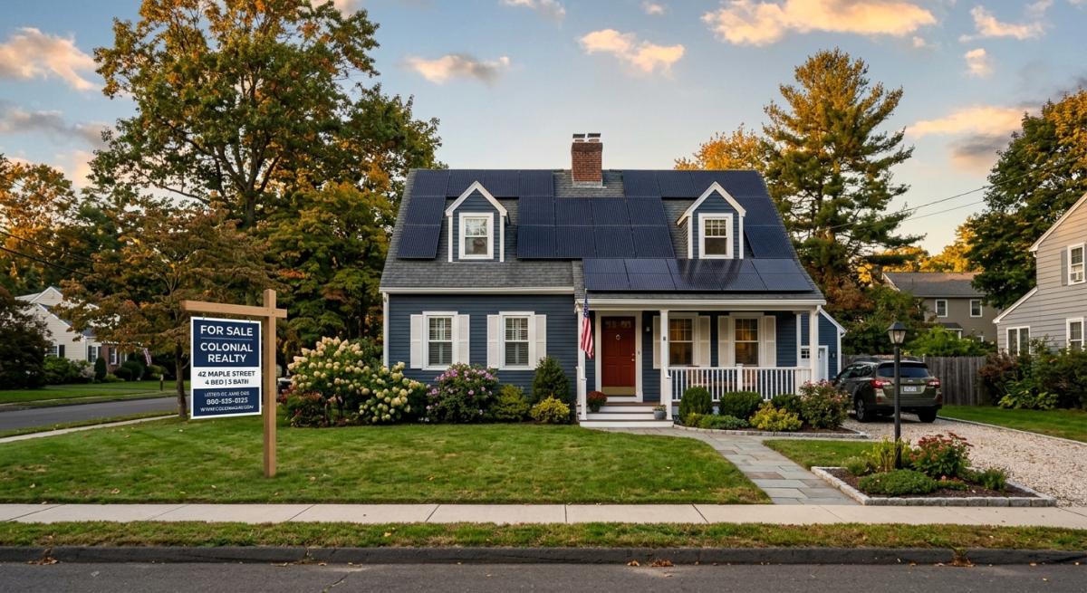 Solar panels on the roof of a Connecticut house with a For Sale sign on the lawn